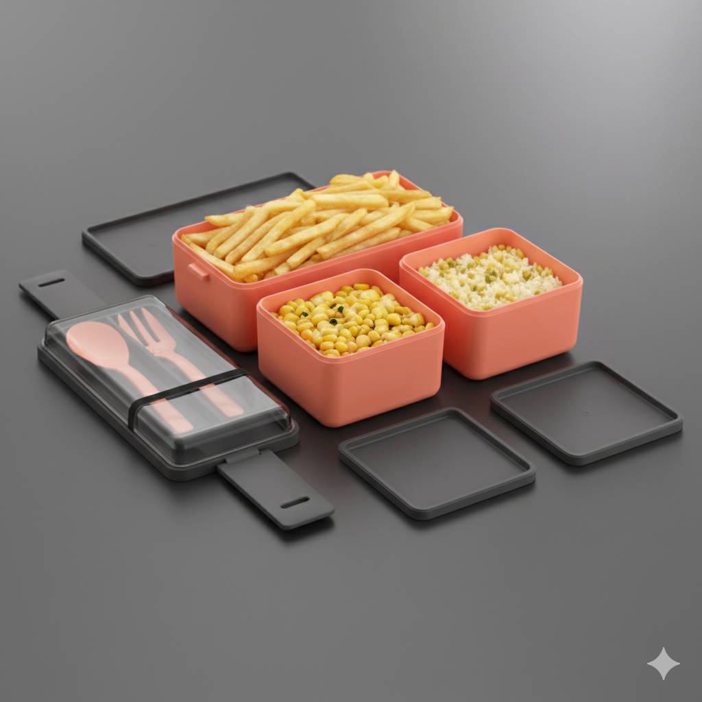 Vived Plastic Lunch Box with 3 Containers | Oudoor Double Decker | 3 Layer Food Storage Tiffin for Office & School (Pink Colour)