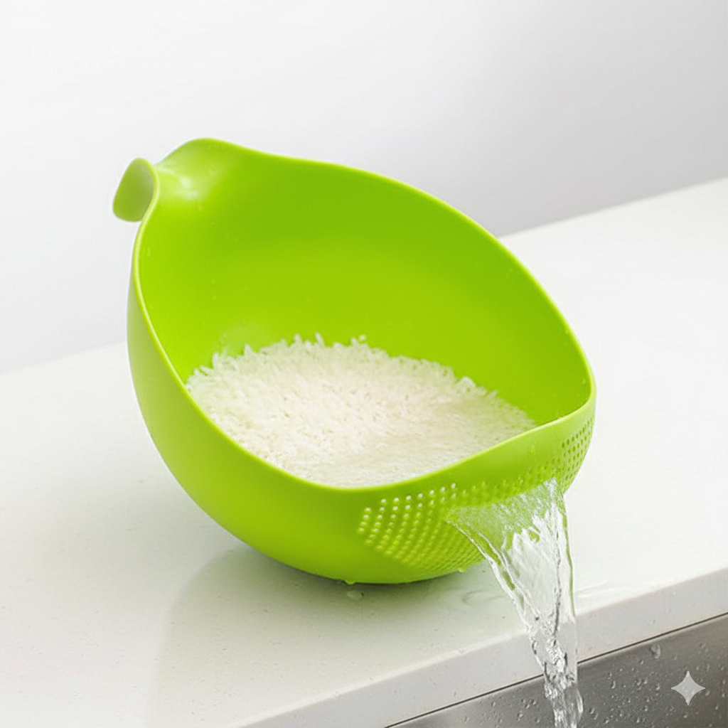 Multi-Purpose Rice Washing Bowl with Built-In Strainer – Easy Drain Kitchen Colander